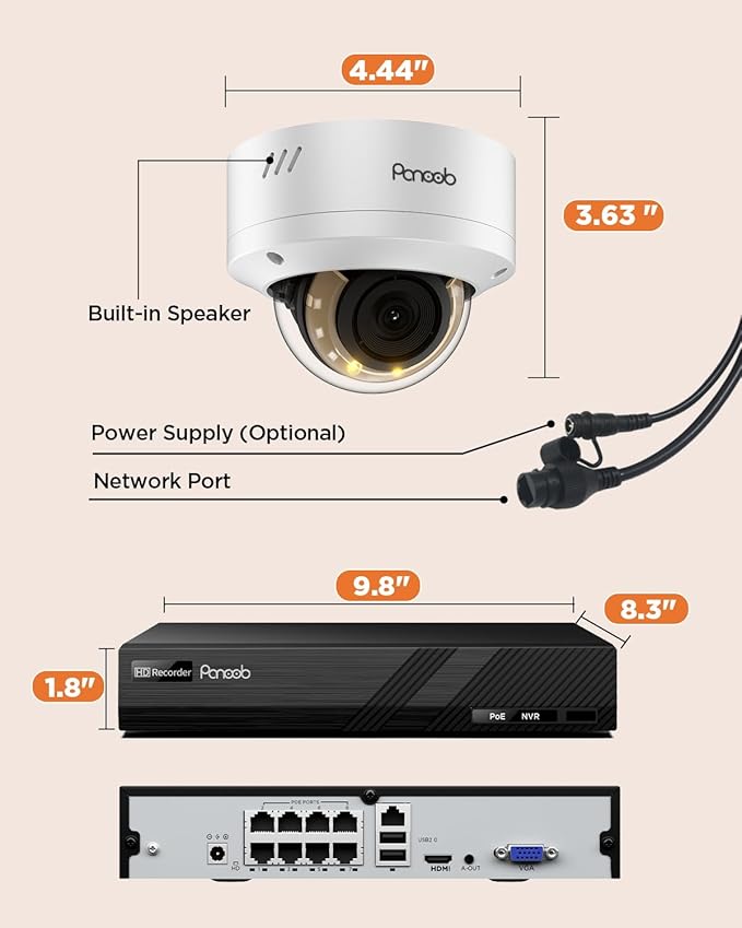 4K Home Security Camera System, 4pcs 8MP Wired IP Vandal IK10 Dome Cameras Outdoor, AI Person Vehicle Detection, Smart Color Night Vision, 2 Way Audio, 4K 8CH NVR with 2TB HDD, PD54Y0408-8M