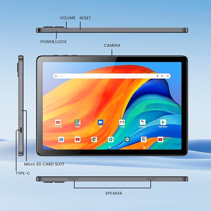 Azeyou 2025 Upgraded Android 14 Tablets, 10.1 inch Tablet Octa-core Processors with 8GB RAM 128GB ROM, IPS Touchscreen, Wi-Fi 6, BT 5.0, Dual Camera, 6000mAh Battery, Metal Gray