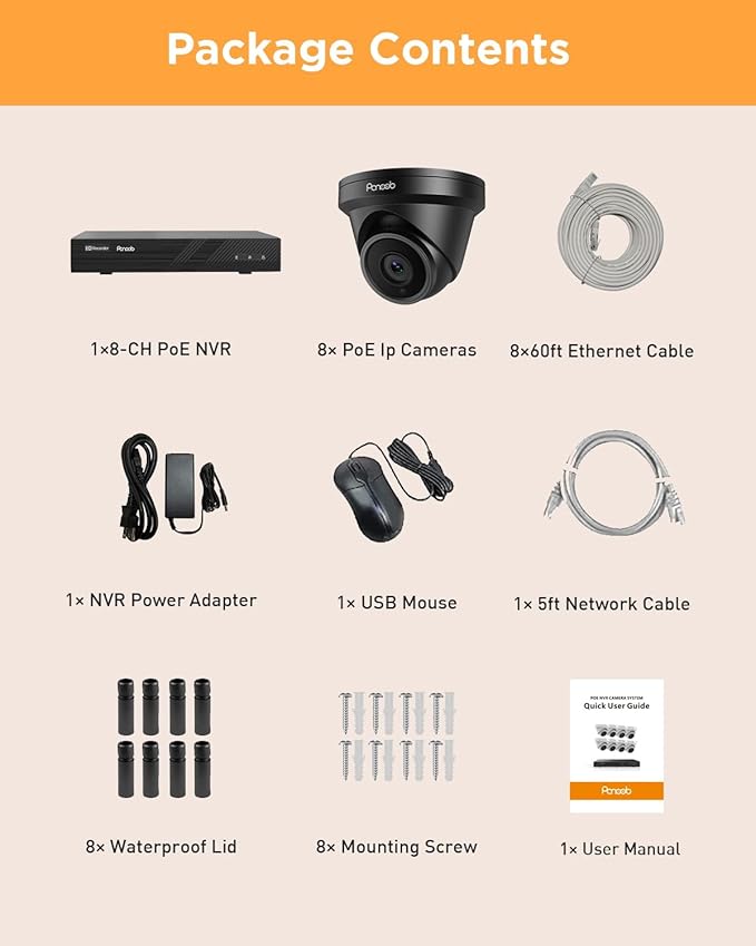 8 Channel Security Camera System PoE, 8X Wired IP Dome Turret PoE Camera for Indoor Outdoor, Remote Playback 24/7 Recording, Human Detection, Built-in Mic, 4K 8CH NVR 2TB HDD, PD93A30808-5M
