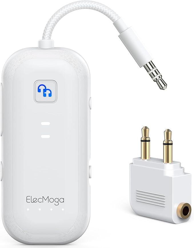 2026 Upgraded Airplane Bluetooth 5.4 Transmitter Bluetooth Adapter, ElecMoga Airplane Travel Essentials Supports 2 AirPods or Headphones, 2-in-1 AUX Wireless Transmitter Receiver for TV, Car, White