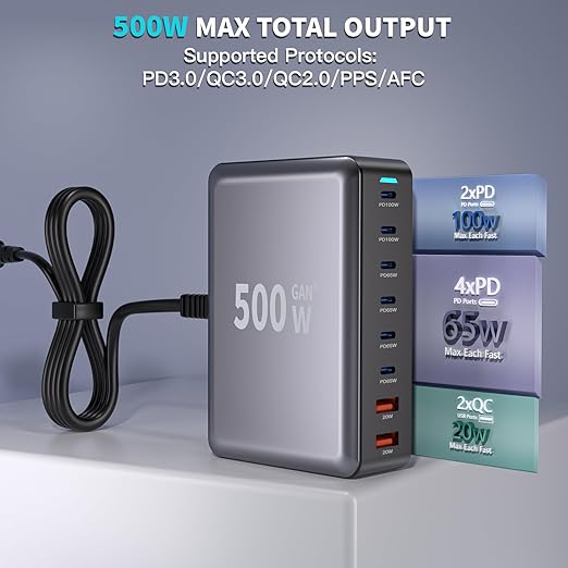 500W GaN USB C Charger Block Charging Station 8 Port Fast Charger Block with Dual 100W PD USB-C Fast Charging Station Hub Compatible with iPhone 17/16 15/14/13/Pro Max/MacBook Pro/Air/All iPad (Black)