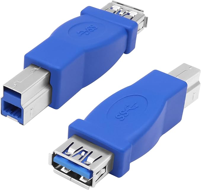 MEIRIYFA USB A to USB 3.0 B Printer Adapter, USB 3.0 Type-B to USB3.0 Type-A Female Adapter Converter 5Gbps for Printer, Scanner, External Hard Drive, Laptops - Blue, 2PCS (USB-B Male)