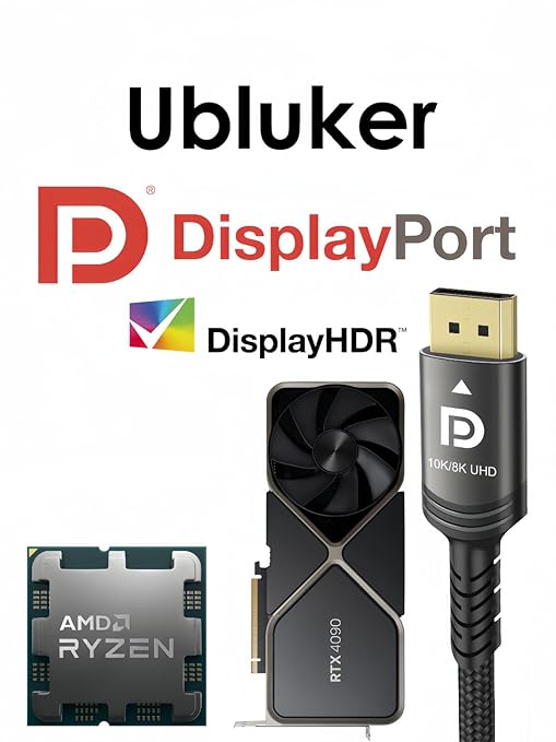 10K 8K DisplayPort 2.1 Cable 54Gbps 6.6 FT, Certified DP to DP Cord 4K 240Hz 165Hz 144Hz 120Hz 10K 8K 120Hz Nylon Braided UHBR HDCP2.3 FreeSync G-Sync RTX5090 Gaming Monitor PC Projector