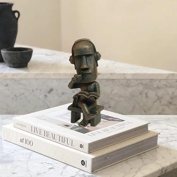 Moai Statue Decor - 6 Inch Easter Island Oranment Resin Stone Decoration for Room Accessories Antique Sculpture for Office Desktop (Read a Book)