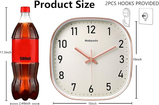 10 Inch Wall Clock, Silent Non Ticking Wall Clocks Battery Operated, Square Analog Decorative Wall Clocks for Bedroom Living Room Office Home Gym Porch Decor Indoor Outdoor Clock, Rose Gold