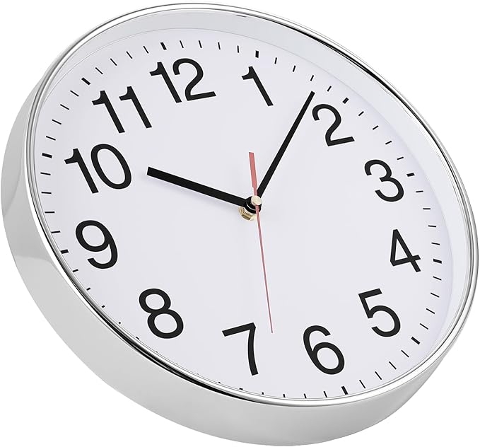 Plumeet Extra Large Wall Clock - 16" Non Ticking Silent Quartz Black Wall Clocks - Simple Design Wall Clocks for Living Room Decor, Battery Operated, Chrome