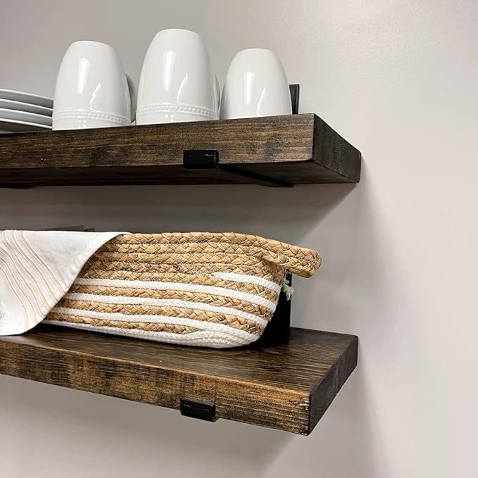 Rustic Shelves with J-Brackets Set of 2, Industrial Shelf, Kitchen Shelves, Solid Wood, Decorative Wall Storage, Heavy Duty, URBANDI (Dark Brown, 36Wx6D)