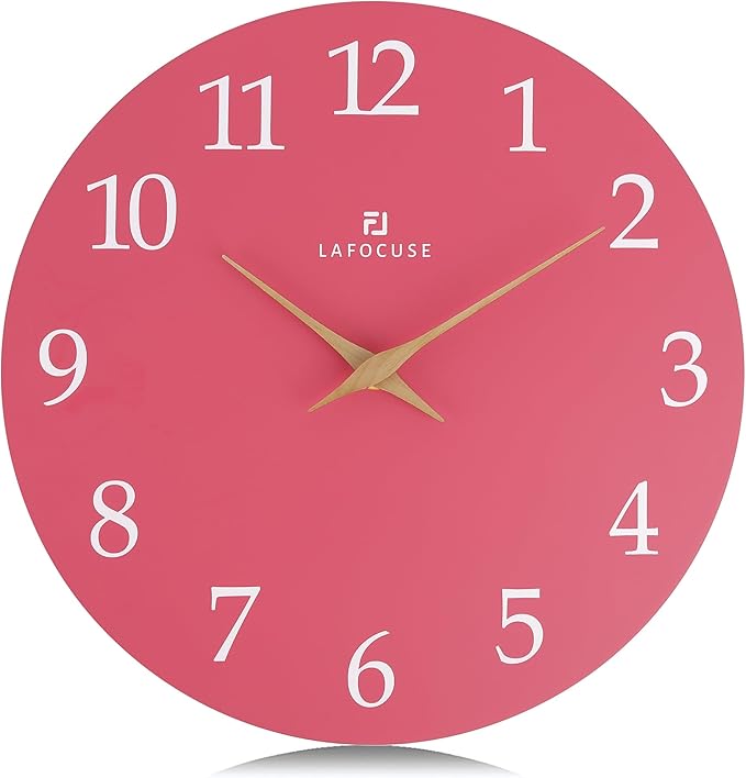 Lafocuse 12 Inch Silent Pink Wall Clock Battery Operated for Living Room Decor, Simple Minimalist Wooden Kids Pink Clock for Girls Bedroom Office