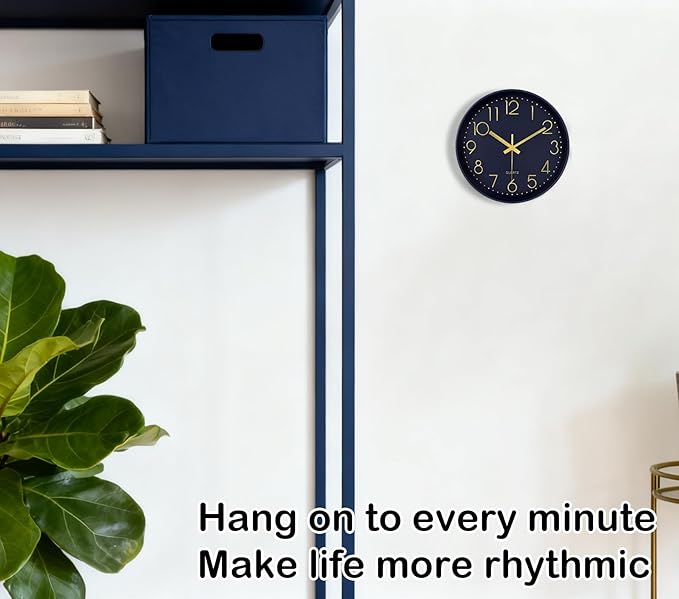 Silent Wall Clocks Battery Operated 8 Inch, Analog Wall Clock with Large Number Tempered Glass Clock Face, Navy Blue Quartz Non Ticking Wall Clocks for Living Room Bedroom Kitchen Office