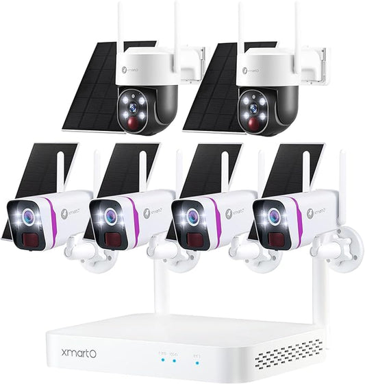 XMARTO 100% Wire-Free Solar Home Security Camera System Wireless, 4-Set 2K 4MP QHD CCTV Camera Kit with 4K 10CH Expandable WiFi NVR + 2PCS Wire-Free PTZ Solar Security Camera