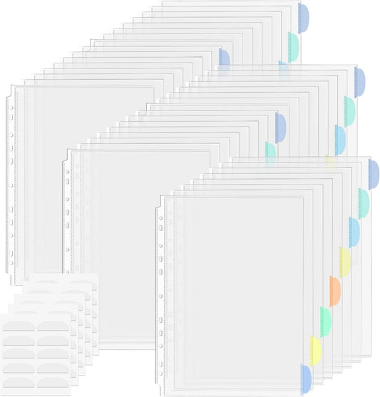 5 Set of 40 Pack A4 Plastic Sleeves Binder Index Dividers Pocket Dividers for 2/3/4 Ring Binder with 8 Tabsï¼Clear Plastic Sheet Protectors Paper Organizer for School Home Office
