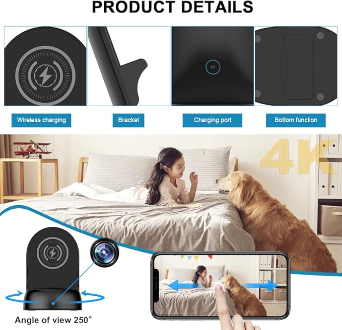 Dome Security Camera, 2.4/5GHz Smart Indoor Baby/Pet Monitoring Cam with Wirless Charger, Motion Detection, Phone APP, Rotate Lens 250°Viewing Angle for Home Security