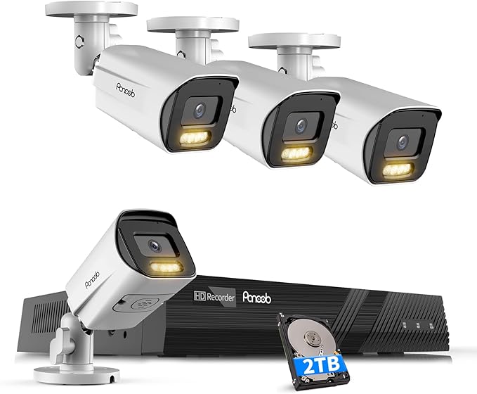 4K Security Camera System 8 Channel, 4X 8MP Wired Security IP Bullet Camera wih AI Human Vehicle Detection, 2-Way Audio, Spotlight Smart Color Night Vision, 4K 8CH NVR 2TB HDD, PB65A0408-8MD