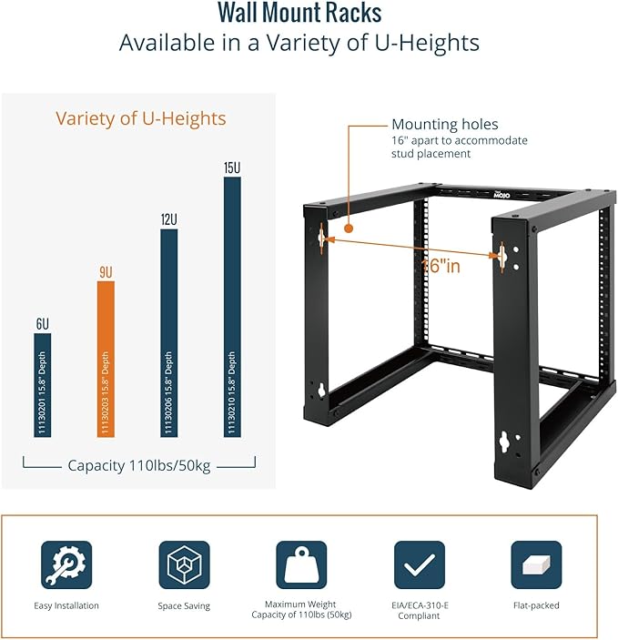 Tecmojo 9U Fixed Wall Mount Network Rack 15.8inch Depth Open Frame for Server Data/AV/IT/Communication/Computer Equipment/Patch Panel Heavy Duty