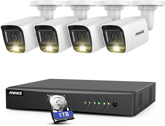 ANNKE 8CH 3K Lite AI DVR with Human/Vehicle Detection, H.265+ Surveillance Security Camera System with Audio and 4pcs 1080P Security Cameras with Dual Light, IP67, Color Night Vision, 1TB Hard Drive