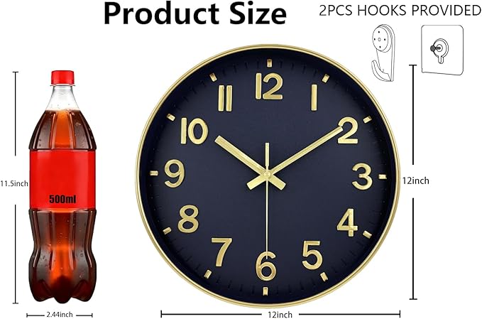 Wall Clocks Battery Operated, 12Inch Non Ticking Digital Wall Clock, Silent Analog Clock for Bedroom Living Room Kitchen Office Hotel Decor, Navy Blue Large Number Clocks for Seniors Elderly