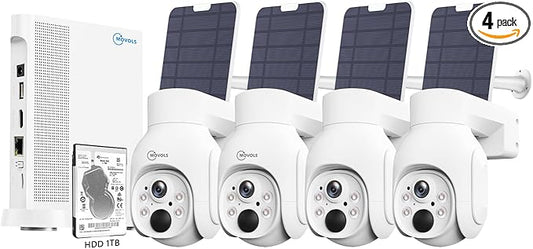 Movols 4MP Solar Security Camera System 4PCS Wireless PTZ Cameras with 10CH 4K NVR Surveillance System Built in HDD 1T,Color Night Vision, Motion Alert, Two-Way Audio,IP66 Home Surveillance Nvr Kit