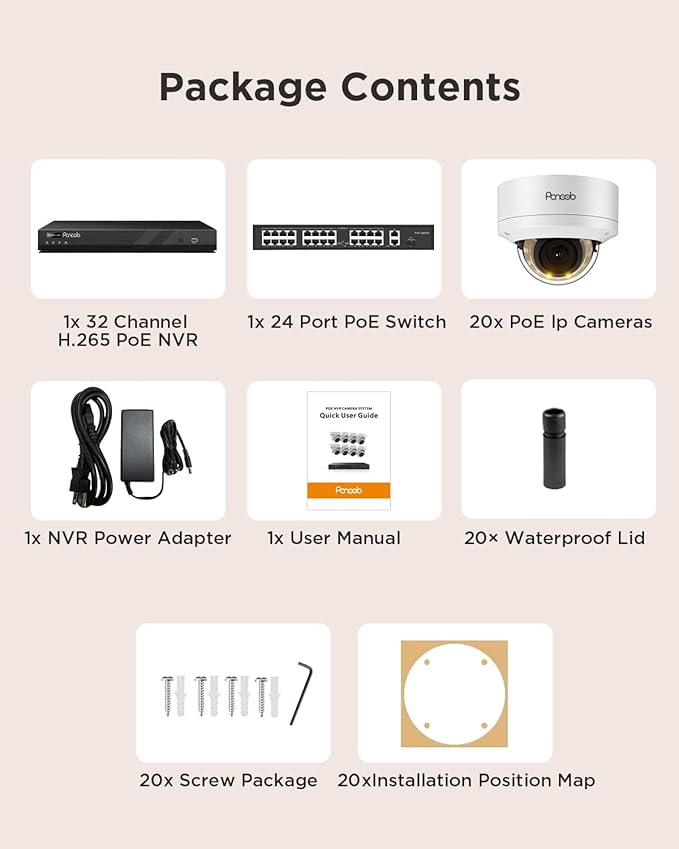 32 Channel Security Camera System, 20x 5MP Wired IK10 Vandal-Proof Dome IP PoE Cameras Outdoor with Human Vehicle Detection, Color Night Vision, 2 Way Audio, 4K 32CH NVR 8TB HDD, PD54Y2032-5M