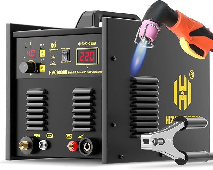H HZXVOGEN Plasma Cutter with Built in Air Compressor, 50A Pilot Arc Plasma Cutter, 220V High Frequency Air Plasma Cutting Machine DC Inverter IGBT with 2T/4T, Capable External Compressor(HVC6000Pro)