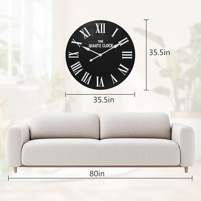 ARTPOWER Large Farmhouse Wall Clock, 35.5” Shiplap Wall Clock with Roman Numeral, Nearly Non-Ticking, Round Wall Clocks for Living Room Decor, Office, Bedroom, Entrance, Black