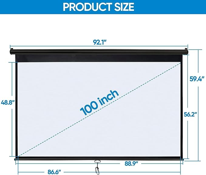 Projector Screen 100 Inch 16:9 HD Portable Manual Pull Down Projector Screen, Wall Ceiling Mounted Retractable Widescreen for Home Theater Cinema Office Movie TV Game, Black