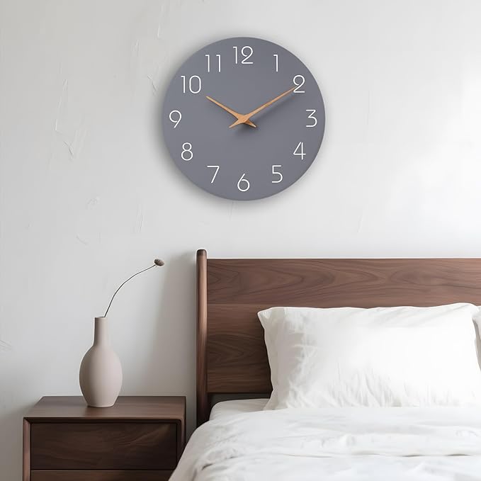 Mosewa Large Wall Clock 16 Inch Gray Modern Flatwood Silent Non Ticking Battery Operated Decorative for Bedroom Bathroom Living Room Kitchen Home Office Hotel