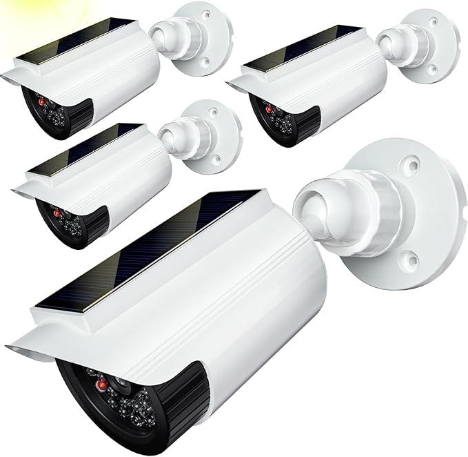 WALI Fake Dummy Camera, Solar Powered Fake Security Camera with LED Light, for Inside Outside Decoy Simulated Surveillance Security CCTV Dome Cameras with Warning Sticker (SOLTC-W4), 4 Packs, White