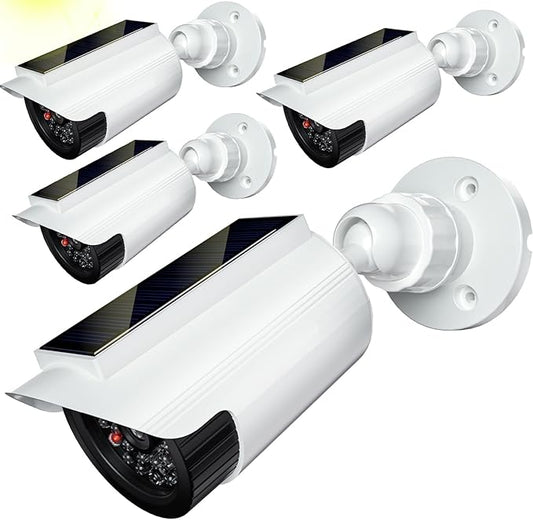 WALI Fake Dummy Camera, Solar Powered Fake Security Camera with LED Light, for Inside Outside Decoy Simulated Surveillance Security CCTV Dome Cameras with Warning Sticker (SOLTC-W4), 4 Packs, White