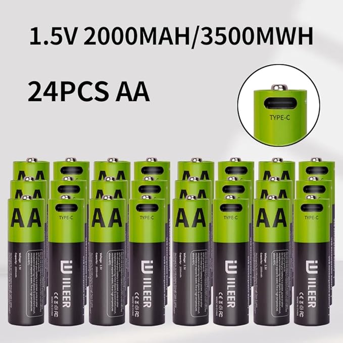 2000mAh USB-C Rechargeable AA Batteries, 1200 Cycles Life, Fast Charging with Type-C Cable, for Gaming Controllers, Mouse, Keyboard & Home Electronics, Black Green (12)