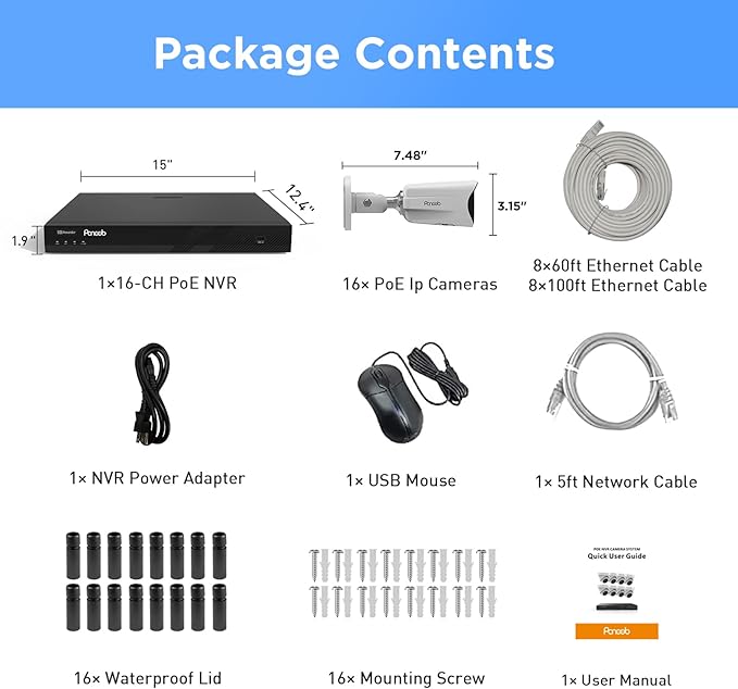 16 Channel Security Camera System 4K PoE, 16x 8MP PoE IP Bullet Cameras Outdoor with Spotlight Color Night Vision, 2 Way Audio, AI Human Vehicle Detection, Remote Access, PB65A1616-8MD