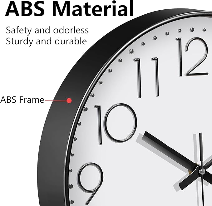 Silent Wall Clocks Battery Operated 8 Inch, Analog Wall Clock with Oversized Number Tempered Glass Clock Face, Black Quartz Non Ticking Wall Clocks for Living Room Bedroom Kitchen Office