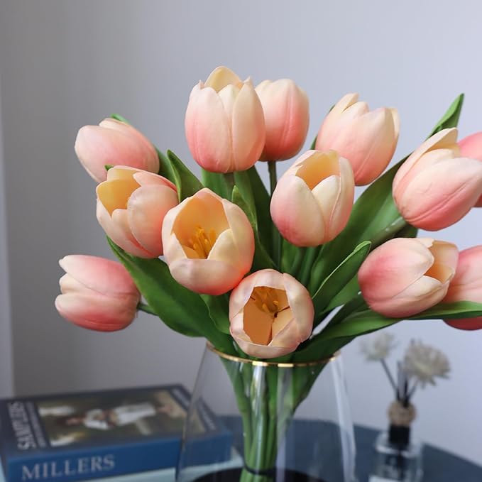 Buart Coral Pink Flowers Artificial Luxury Big Tulip Valentine's Day Mother's Day Easter Home Kitchen Wedding Decorations(11pcs)