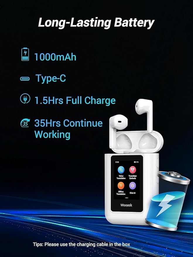 Wooask A8 Translation Earbuds Real Time with ChatGPT, Offline Translator Earbuds No APP Needed, 144 Languages Two-Way Voice Translation for Travel & Business (White, Offline)