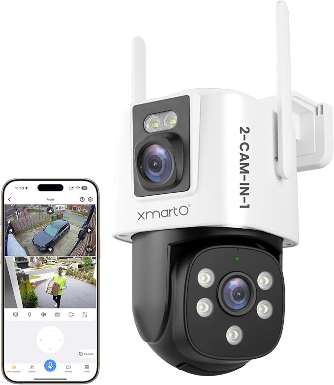 xmartO [WiFi 6 Dual-Lens Camera] 2-in-1 QHD WiFi Home Security Camera with AI Tracking, Pan Tilt Zoom, 5G/ 2.4G Dual Band, Bluetooth Easy Setup (Works Only w WiFi6 NVR, Also Works Standalone)