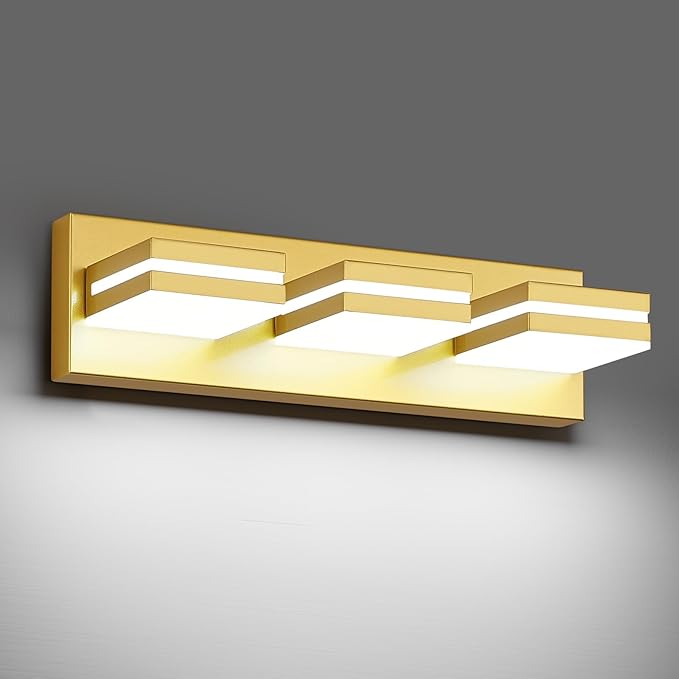 Modern LED Small Bathroom Lights Fixtures(3-Light),Metal Gold Acrylic Wall Lighting,Vanity Lights for Bathroom Over Mirror(6000k 16in)