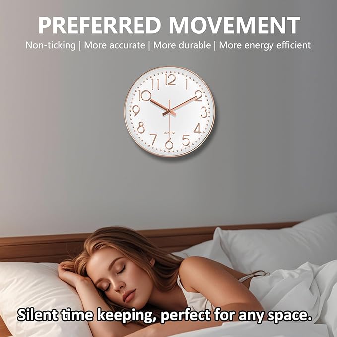 Silent Wall Clocks Battery Operated 8 Inch, Analog Wall Clock with Oversized Number Tempered Glass Clock Face, Rose Gold Quartz Non Ticking Wall Clocks for Living Room Bedroom Kitchen Office