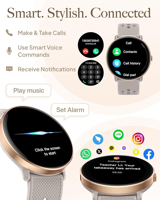Smart Watch for Women Men, for Android iOS with Sleep Monitor, Pedometer Fitness Tracker, Bluetooth Call, IP68 Waterproof, 112+ Sport Modes Calorie Counter Round Smartwatch (Casual, Gold-Pink, 1.39)