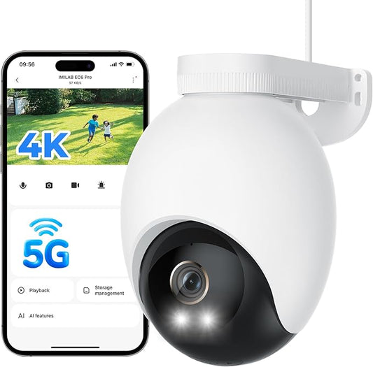IMILAB EC6 Pro 4K Wired Outdoor Security Camera, 5GHz WiFi Plug-in Outdoor Camera for Home Security w/Spotlight, 360° Rotation, Free Detect & Tracking, Waterproof, 24/7 Local Recording, No Monthly Fee