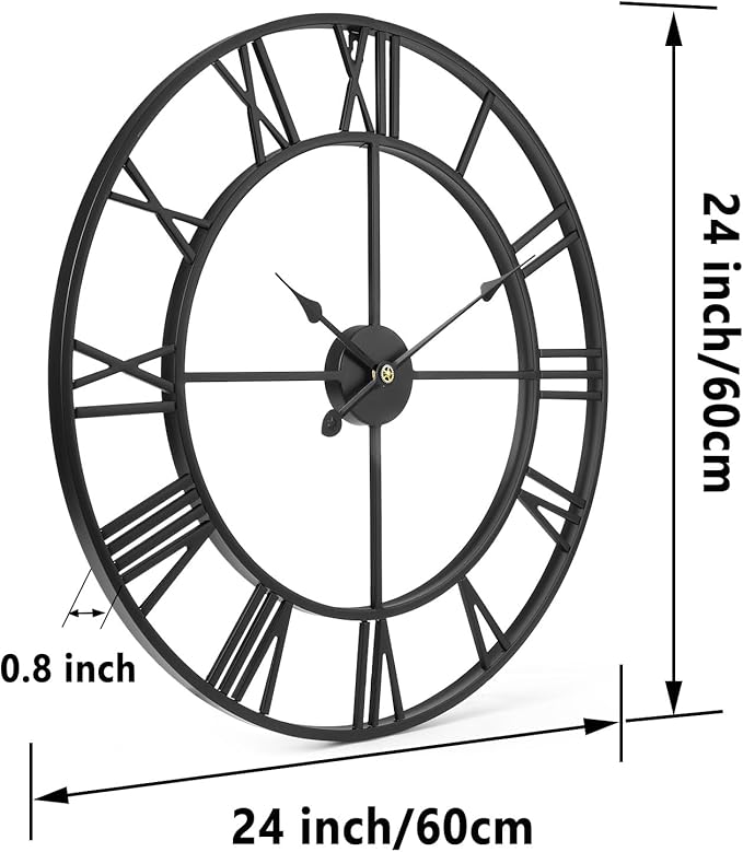 Tatub 24 Inch Large Wall Clock for Living Room Decor, Roman Numeral Modern Round Decorative Metal Large Wall Clock for Bedroom and Kitchen, Silent, Non Ticking, Battery Operated