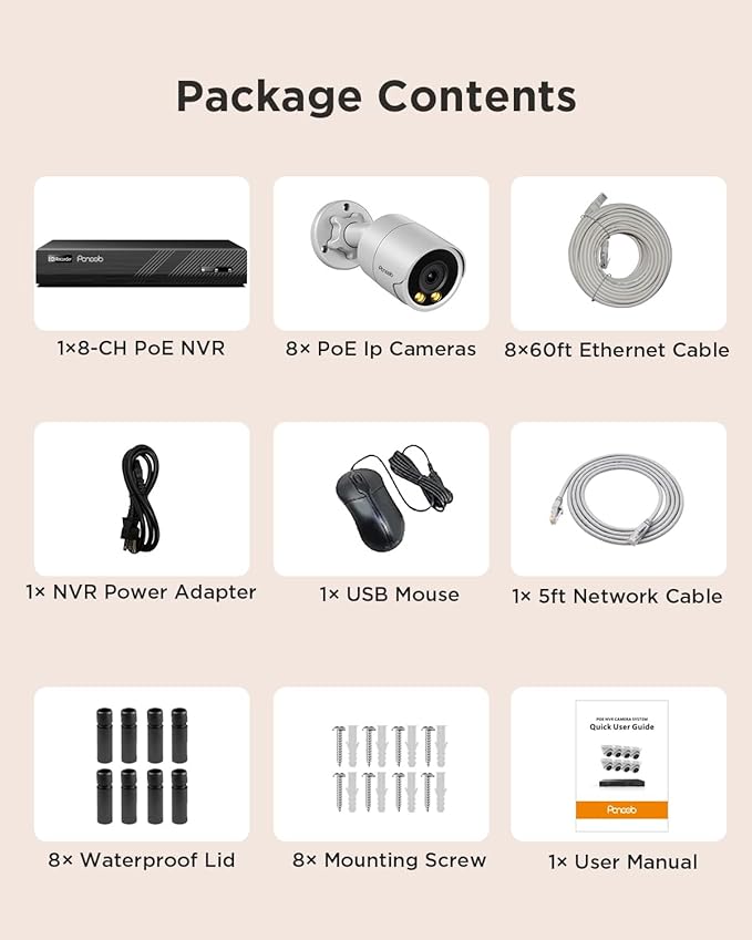 Security Camera System PoE, 8X 5MP Wired Bullet IP Cameras Outdoor Built-in Microphone, AI Human Vehicle Detection, 4K/8MP 8CH NVR with 2TB HDD, Smart Color Night Vision, PB38F0808-5M