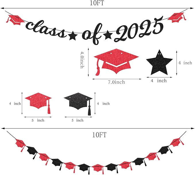 Red Black Party-Decoration Graduation Banner - 14pcs Kits Cap Garland Streamers, Paper Tissue Pom Poms Flowers Fans Honeycomb,Class Of 2025 College High School Grad Decor Hugfond