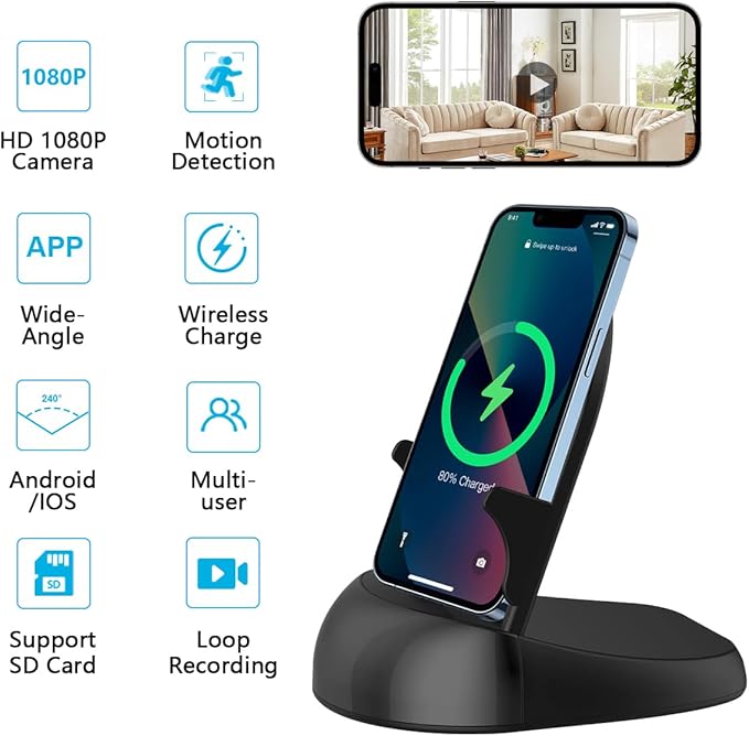 FHD 1080p Dome Camera WiFi Wireless Phone Charger,Indoor Security Camera with Motion Activated, (Rotate Lens) 250°Viewing Angle for Home Security(2.4/5G)