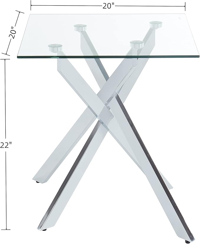 Modern Style Square Side Table with Tempered Glass Top and Metal Tubular Legs, Silver 20”Dx20”Wx22”H