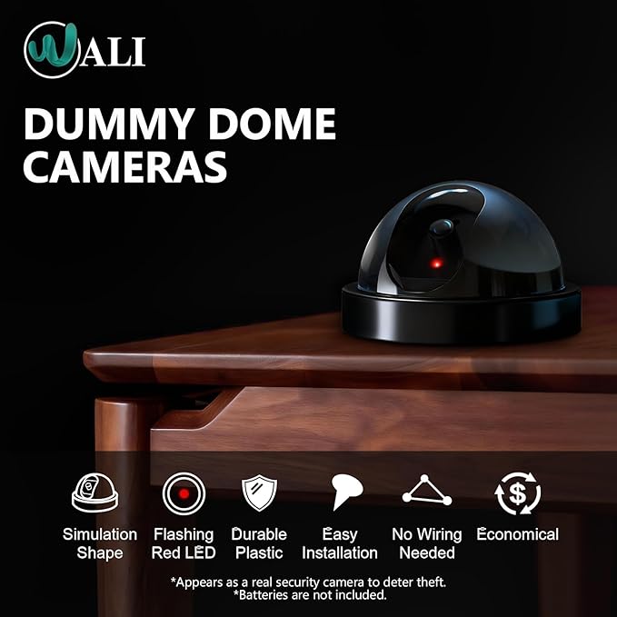 WALI Dummy Fake Security CCTV Dome Camera with Flashing Red LED Light with Security Alert Sticker Decals (SD-4), 4 Packs, Black