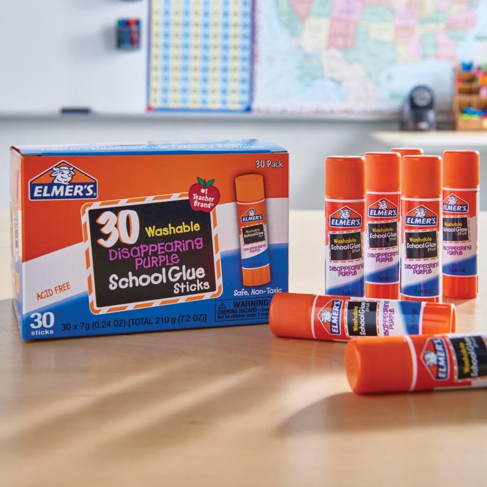 Elmer’s Disappearing Purple School Glue Sticks, Washable, 7g, 30 Count - Bulk Pack for Classrooms, #1 Teacher Brand