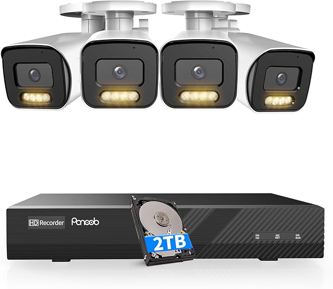 4 Camera Security System 8 Channel, 4X 5-Megapixel Wired Security IP Bullet PoE Camera w/Human Detection, 2 Way Audio, Smart Dual Light Color Night Vision, 4K 8CH NVR 2TB HDD, PB65A0408-5MD