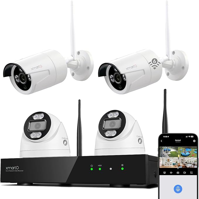 xmartO 10CH 4 Pcs Home Security Camera Kit, 2 * 2K HD Dome Camera and 2 * 2K 3MP Super HD WiFi Home Security Camera, 2-Way Audio, Night Vision, 24/7 Surveillance Camera, No Monthly Fee