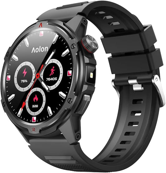 AOLON Smart Watch for Men (Answer/Make Call with 1.43'' AMOLED Display, IP68 Waterproof, 30+ Days Battery Life with100+Sport Modes Fitness Watch, Compass, Heart Rate, SPO₂ & Sleep Monitor（Black）