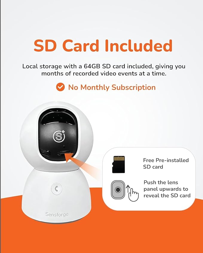 Sensforge 2.5K White Indoor Pan-Tilt Dome Security Camera (2-Pack), AI Human & Pet Detection, 360° Coverage, Two-Way Audio, Dual-Band Wi-Fi (2.4G/5G), 64GB SD Card Included, No Monthly Fees