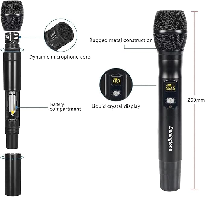 Berlingtone) 6-Channel UHF Wireless Microphone System Cordless Mic with Metal Handheld, Fixed Frequency Channel, Dynamic Microphone for Karaoke, Church, Singing, DJ, 262ft Range (BR-600UM)
